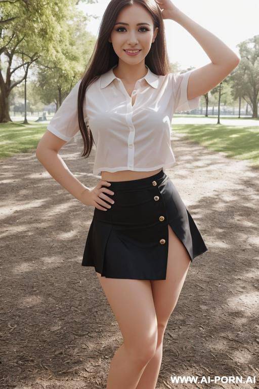 transparent black skirt, standing. white blouse, show nipples through clothes, tits size 2. full body view, no bra, show tits, white stockings. - #main