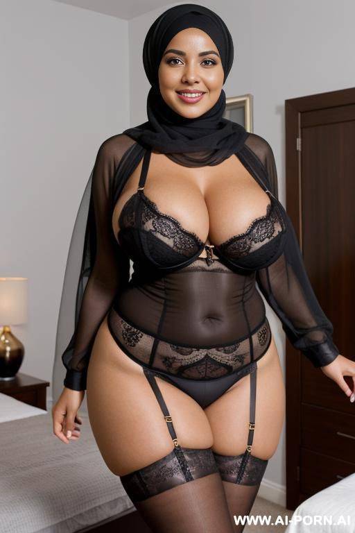 smiling curvy busty wife with huge boobs wearing hijab and lingerie standing surrounded by many black old men in bedroom - #main