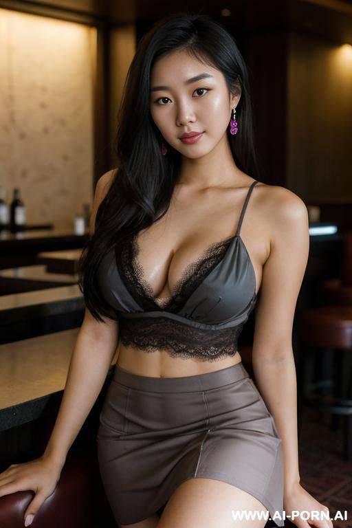 20 year old korean woman, tan skin, sitting on a stool at a hotel bar, large breasts, seductive look, very low cut stylish top, lace accents, skirt, nip slip, - #main