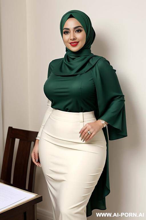 flowing green hijab along with a fitted blouse and pencil skirt in a soft, creamy white. the outfit hugs her curvy figure, accentuating her full breasts and round hips. - #main