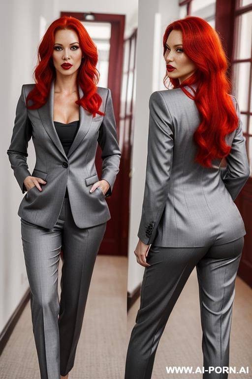 eastern european scandinavian, (fiery red hair, bob), (full lips), (formal grey pantsuit), pert breasts, round, firm ass - #main