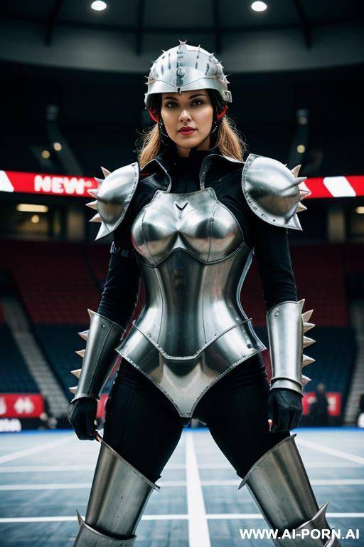 woman in steel spiky armour in a steel arena. steel helmet with visor. speedball. - #main