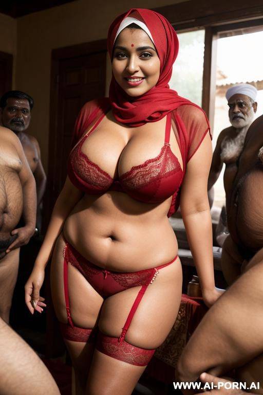 smiling curvy busty wife with huge boobs wearing hijab and red lingerie standing surrounded by many indian old men - #main