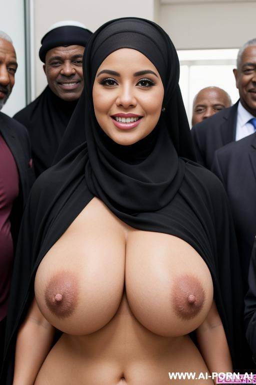 smiling curvy busty wife with huge boobs wearing hijab fully naked standing crowded with many black old men - #main