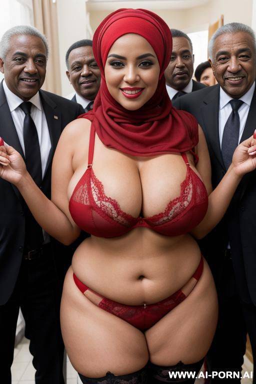 smiling curvy busty wife with huge boobs wearing hijab and red lingerie standing crowded with many black old men - #main