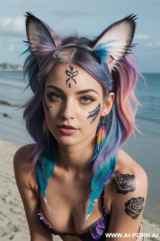 face, sexy, beautiful, ((face painting)), ((bikini as seashell)), ((tattoo roses)), ((eyes shw)), ((angel wings)), ((rainbow hair)), ((long bu hair)), ((wind)), (( cat face)), (( cat ears)), (((feather earrings)), neckless, full view, wide angle view - #main