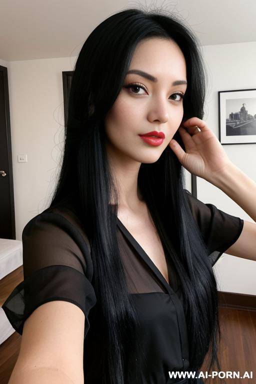 woman long black hair red blouse selfie - #main