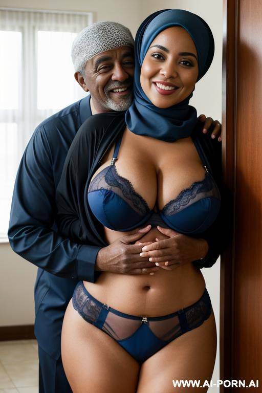 smiling curvy busty wife with huge boobs wearing hijab and blue lingerie hugged from black old man standing - #main