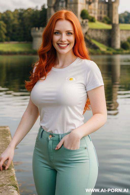 beautiful woman, british, redhead, medium hight, mid 20s, long hair, natural boobs, big ass, in front of a lake with a british castle in background, white t-shirt, green pants - #main