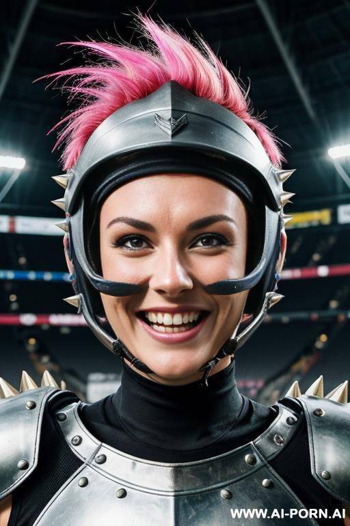 woman in steel spiky armour in a steel arena. football helmet with visor. speedball. short punk hairstyle. - #main