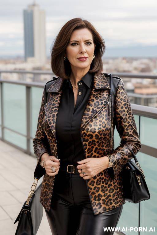 leopard pattern leather coat, black leather trousers, high resolution picture, very detailled face, highly closed blouse, on a m sunny terrace - #main