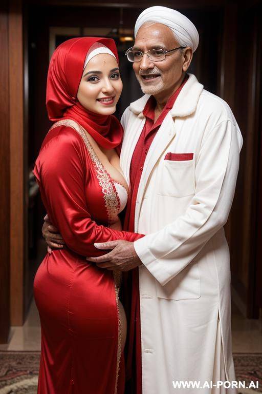 smiling curvy busty white wife wearing hijab and red robe showing red underwear standing and hugged from indian old man - #main