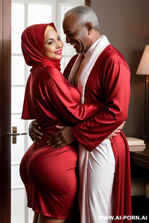 smiling curvy busty white wife wearing hijab and red robe showing red underwear standing and hugged from black old man - #main