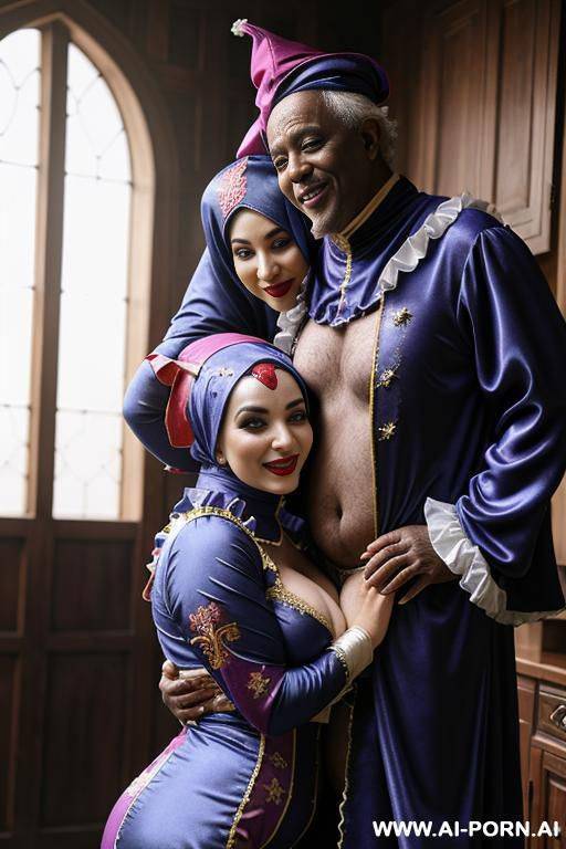 smiling curvy busty white wife with huge boobs wearing hijab and blue lingerie hugged from black old man standing - #main