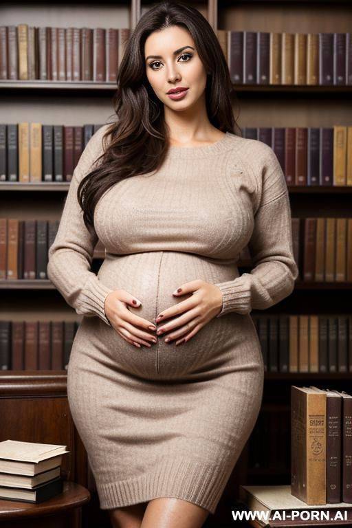 pregnant sweater dress, breasts resting on books - #main