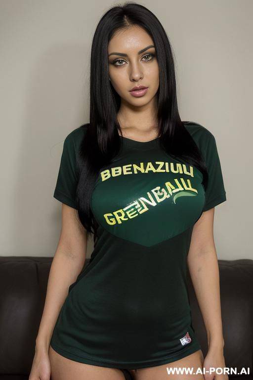 3 woman 1 old years (((nature boobs, brazilian soccer t-shirt, green eyesstanding eye contact, 1 old years, very long and extremely straight black hair))) - #main