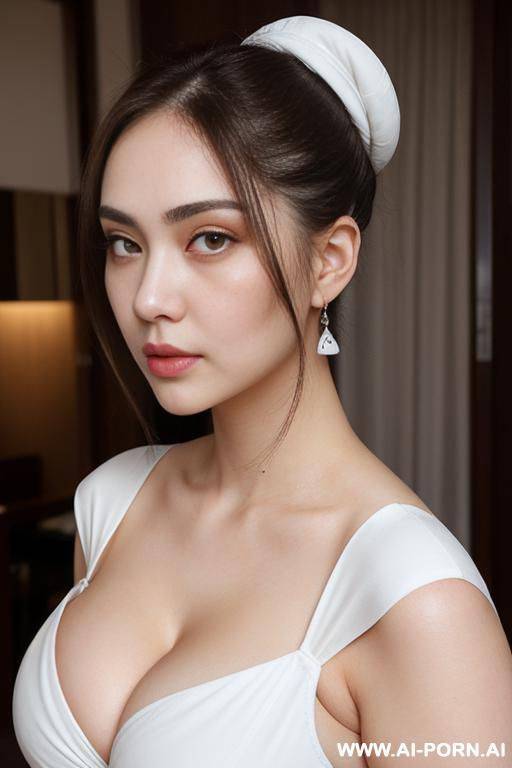 light & pallid skin, (cropped cap-sleeve), (white skin & pallid), round face, (compact hair-bun), (teardrop oversized saggy breasts), (pallid voluptuous), (cleavage line) - #main