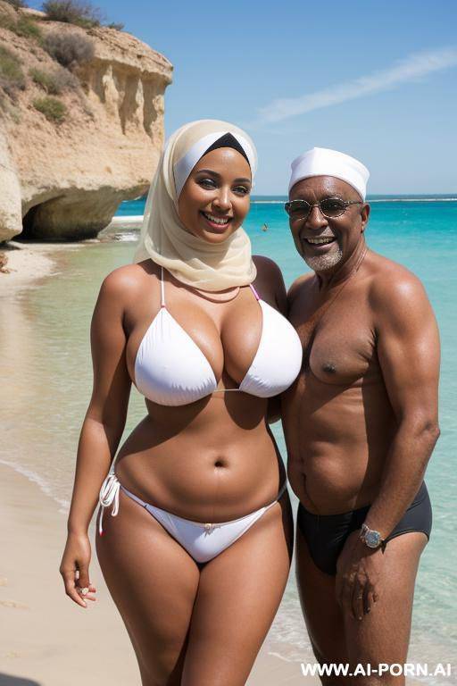 smiling curvy busty white wife wearing hijab and colored bikini standing and hugged from two black old men - #main