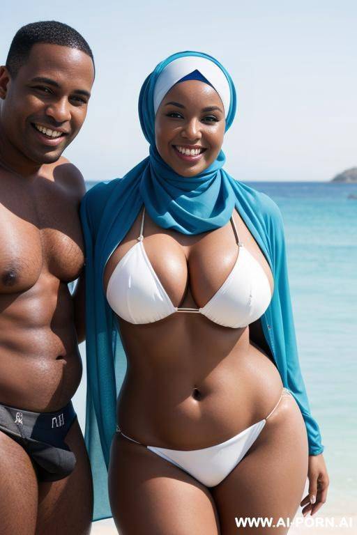 smiling curvy busty white wife wearing hijab and blue bikini standing and hugged from black man - #main