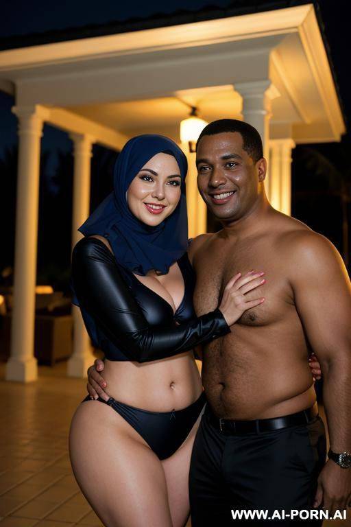 smiling curvy busty russian wife wearing hijab and colored bikini standing and hugged from black short man in night - #main