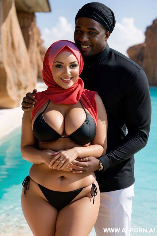 smiling curvy busty russian wife wearing hijab and colored bikini standing and hugged from black short man - #main