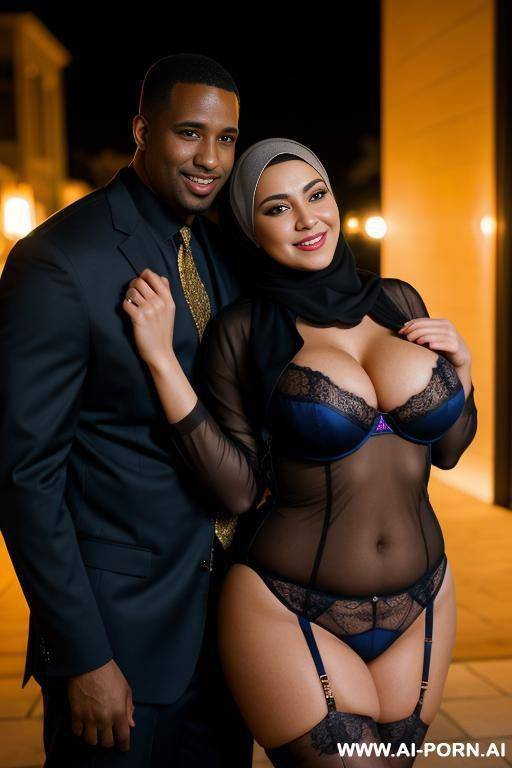 smiling curvy busty russian wife wearing hijab and colored lingerie standing and hugged from black man in night - #main