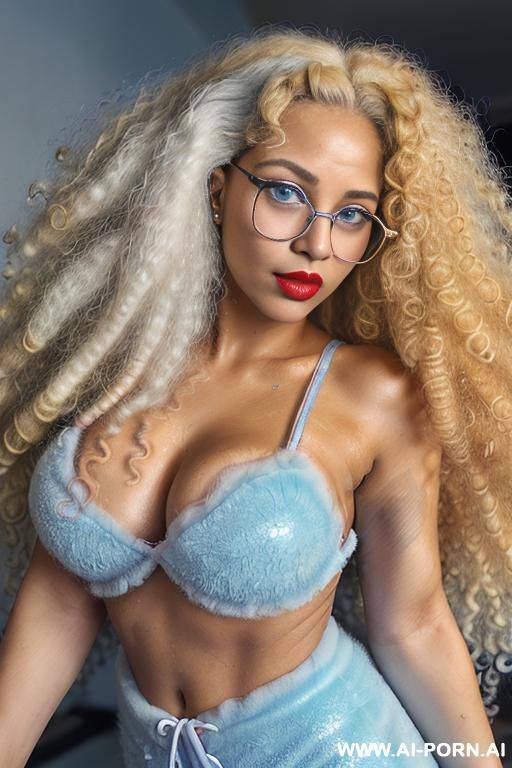 (((18 old years, vitiligo, brazilian woman, medium breasts, light blue eyes looking up, skin and shiny skin, red lips, very long, big, curly, soft and fluffy blonde hair, thick curly hair, tails, prescription glasses))), gym shorts, sexy t-shirt purple - #main