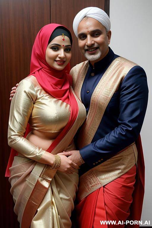 smiling curvy busty russian wife wearing hijab and colored saree standing exhibition and hugged from indian man - #main