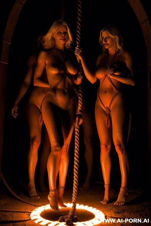 blonde woman, totally naked, barefoot, in hell, rope bondage, whipped by demon, group of women, dramatic lighting - #main