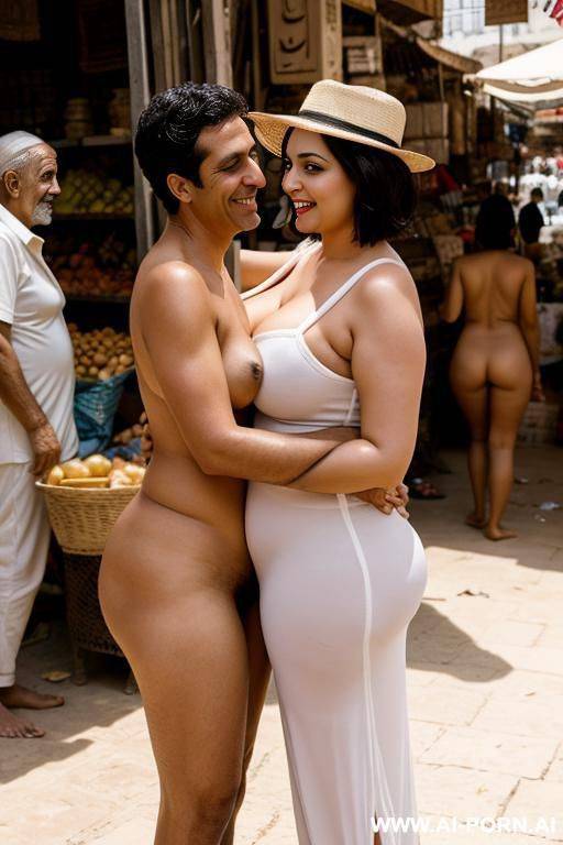 smiling curvy busty white egyptian wife with messy short hair standing fully naked hugged from old egyptian man in market - #main