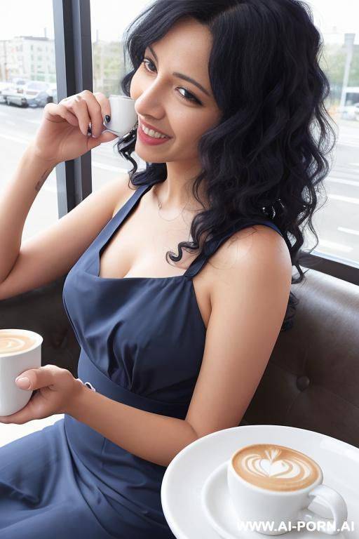 medium woman, curly black hair, in cafe, drinking coffee, sitting, looking at window, smiling, navy blue dress, - #main