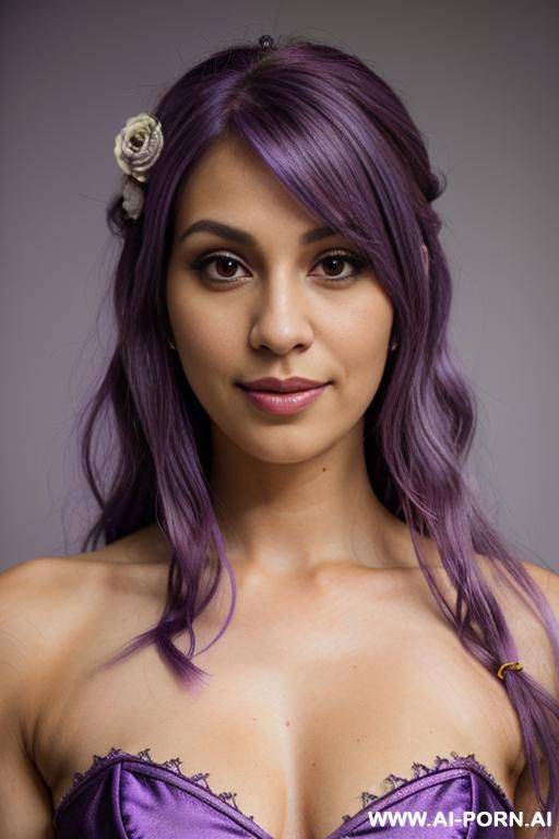 elaborate flowing purple hair, bridal dress, pleading grin, casual look, detailed eyes, tanned, mature face, - #main