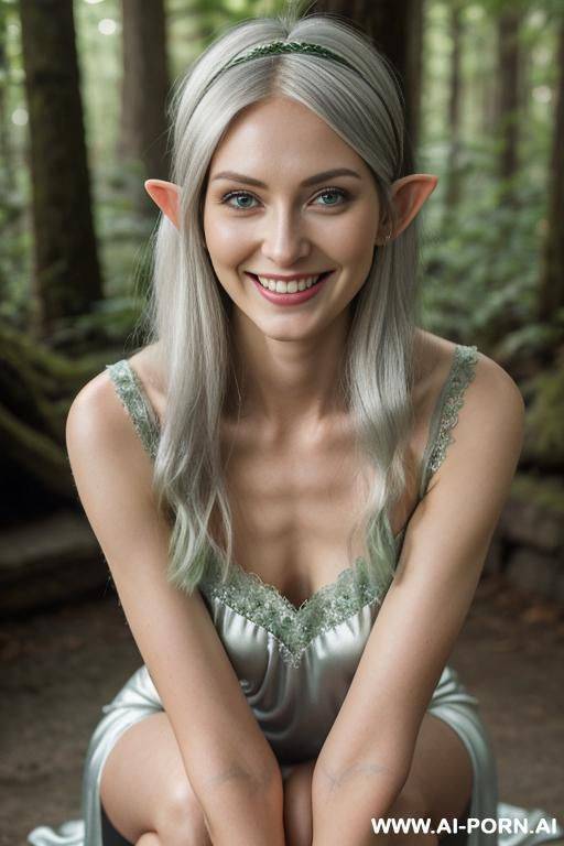 elf woman eye contact green nightgown silver hairband forest - #main