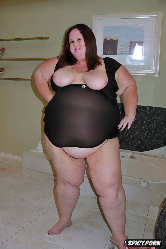 smiling at camera, cellulite, an old fat english milf standing naked with obese belly - #main