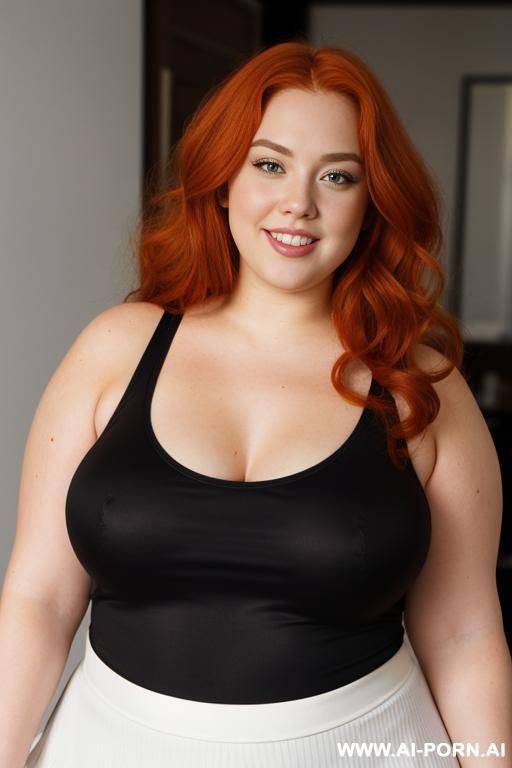 redhead bbw, chubby and very fat, thick, breasts, dimples, voluptuous shaped, wide hips, thick thighs, chubby, hair, s, slicked back hair, large forehead, black tank top, bra, areola, ruffle microskirt, fully clothed, city - #main