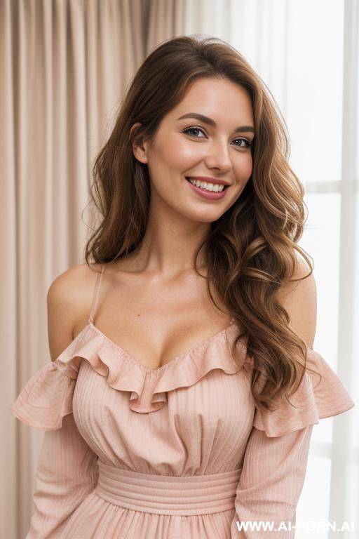 flemish woman, wavy light brown hair to shoulders, puffy cheeks, oval face, smiling, happy, natural boobs, pink empire waist dress, full body, no cleavage - #main