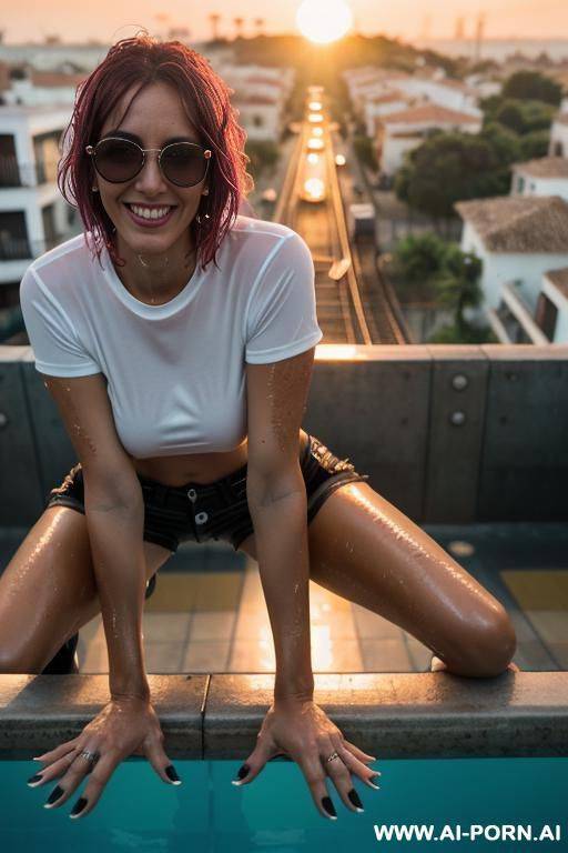 mom, spanish , punk, fit ,sunglasses, boobs, tight shorts, neckline t-shirt fluorescent, wet hair ,wet skin ,lemon ,rails train , sunset - #main