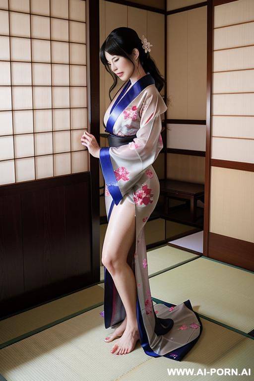 woman in a traditional transparent japanese kimono stands in a room with a tatami floor and a sliding door. very hairy pussy - #main