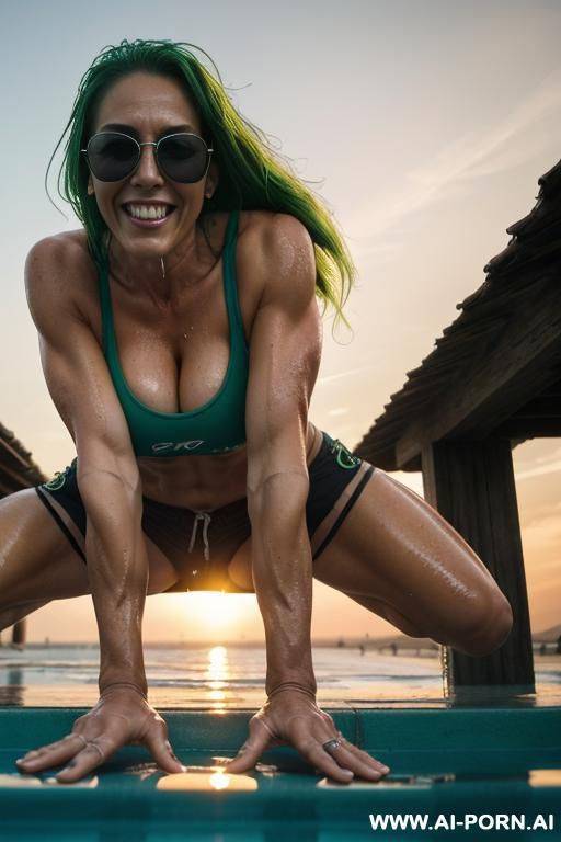 mom, spanish , punk, muscle fit ,sunglasses, boobs, tight shorts, cap, neckline t-shirt green, wet hair ,wet skin ,roof , sunset - #main