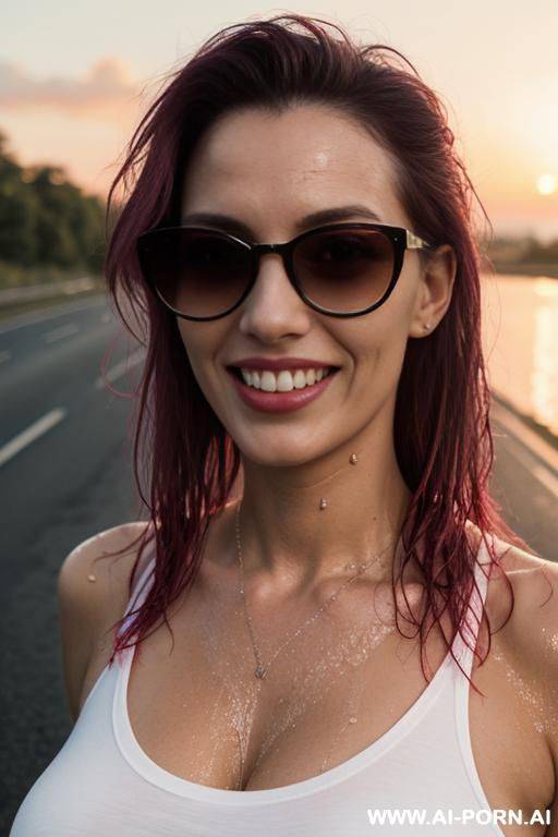 mom, european , punk, fit ,sunglasses, boobs, neckline t-shirt fluorescent, wet hair ,skin wet ,eating strawberry ,road, sunset - #main