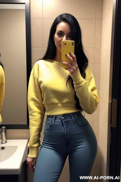 woman tight jeans wide yellow sweatshirt selfie photo in the mirror bathroom - #main