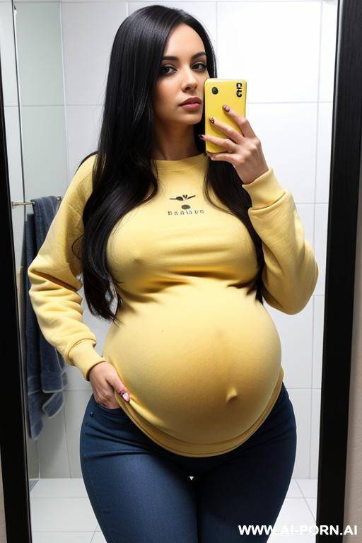 pregnant woman tight jeans wide yellow sweatshirt selfie photo in the mirror bathroom - #main