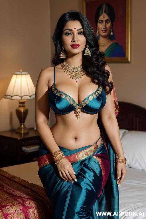 indian lady in open red saree on a white bed. bold face with dark lipstick - #main