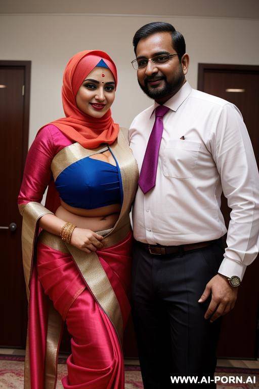 smiling curvy busty russian wife wearing hijab and colored saree revealing body standing and hugged from indian man - #main