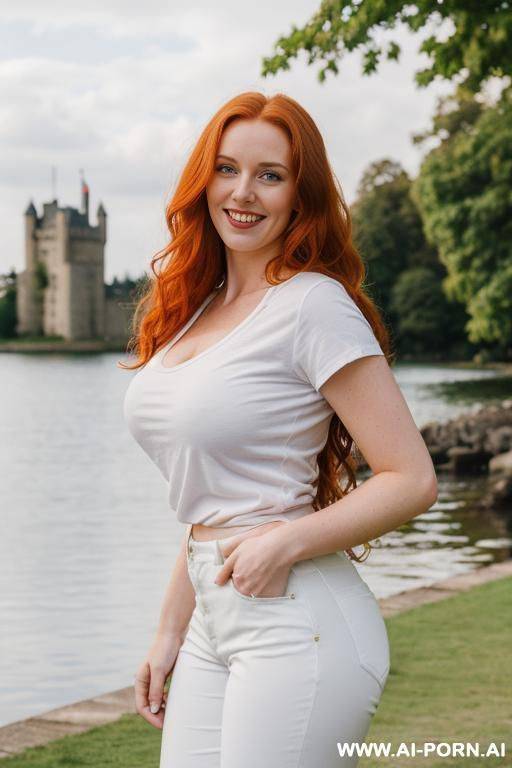 beautiful woman, british, redhead, medium hight, mid 20s, long wavy hair, natural boobs, big ass, in front of a lake with a british castle in background, white t-shirt, green pants - #main