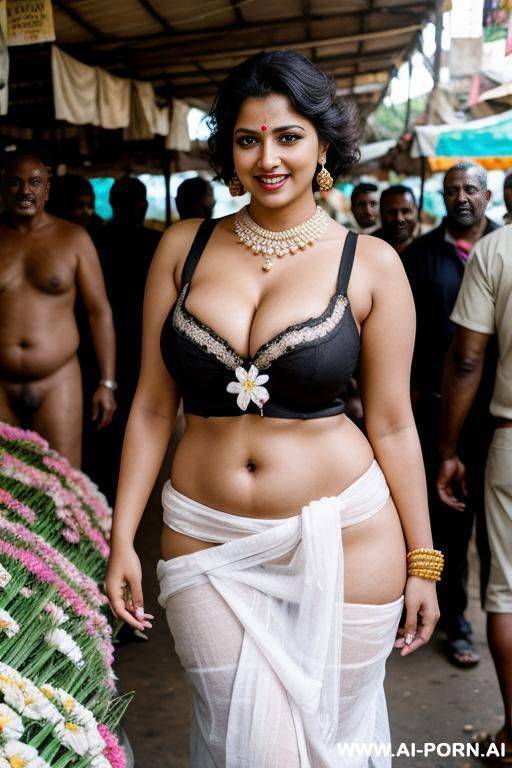 smiling curvy busty white indian wife with messy short hair fully naked with flowers around her waist and surrounded by many old black men in market - #main