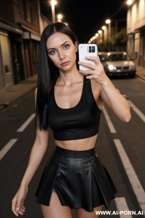 woman, athletic, normal breast, long hair, selfie, walk night ghetto, extremely micro black skirt, extremely micro white crop top, - #main