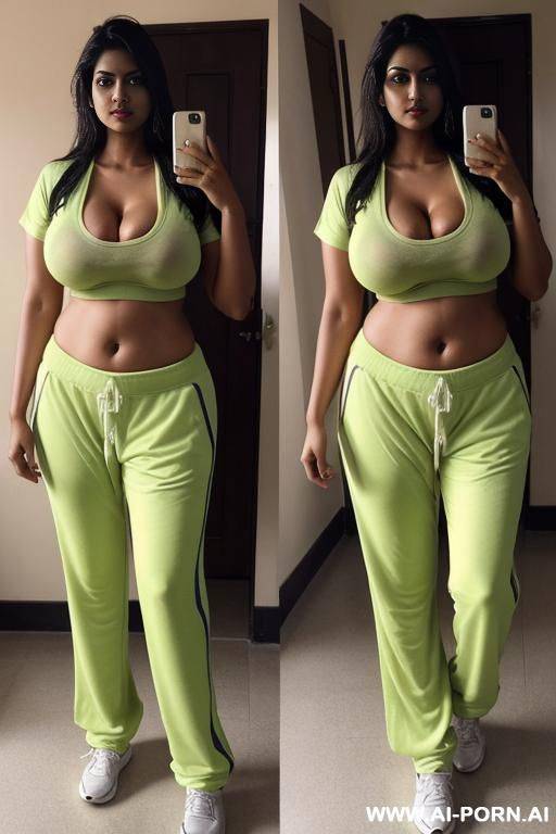 tall indian woman with gigantic boobs, heavily sweating, very tall, massive boobs, wearing sportsshirt and sweatpants, deep cleavage, oiled body, beautiful face - #main