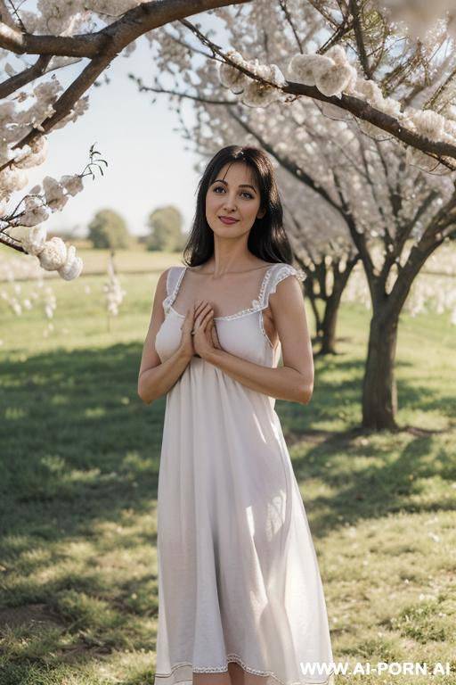 beautiful yoga teacher dancing in the orchard, long white cotton gown - #main