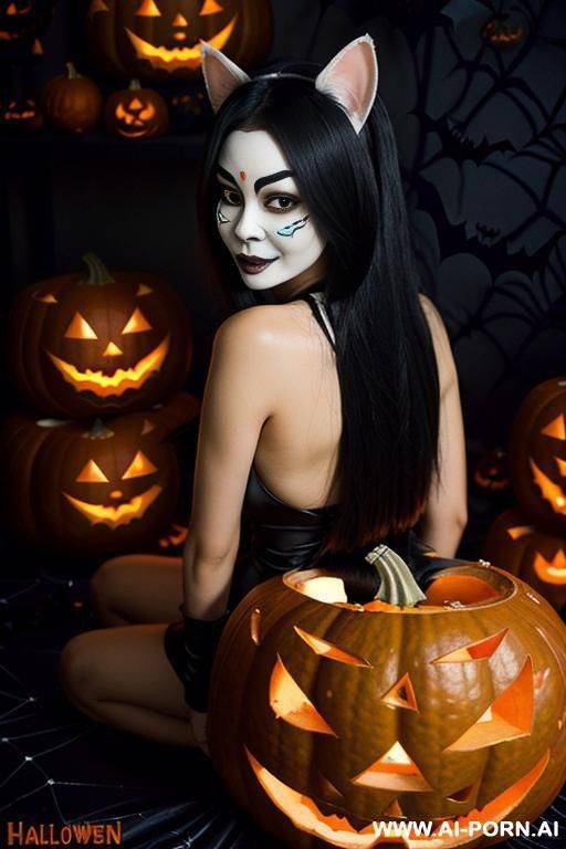 thai woman, (((halloween))), ((halloween party)), ((halloween costume)), tails, 20 years old, fit, huge breasts, bouncy boobs, party with friends, night party, demon tails, cat ears, makeup, pumpkin lantern - #main